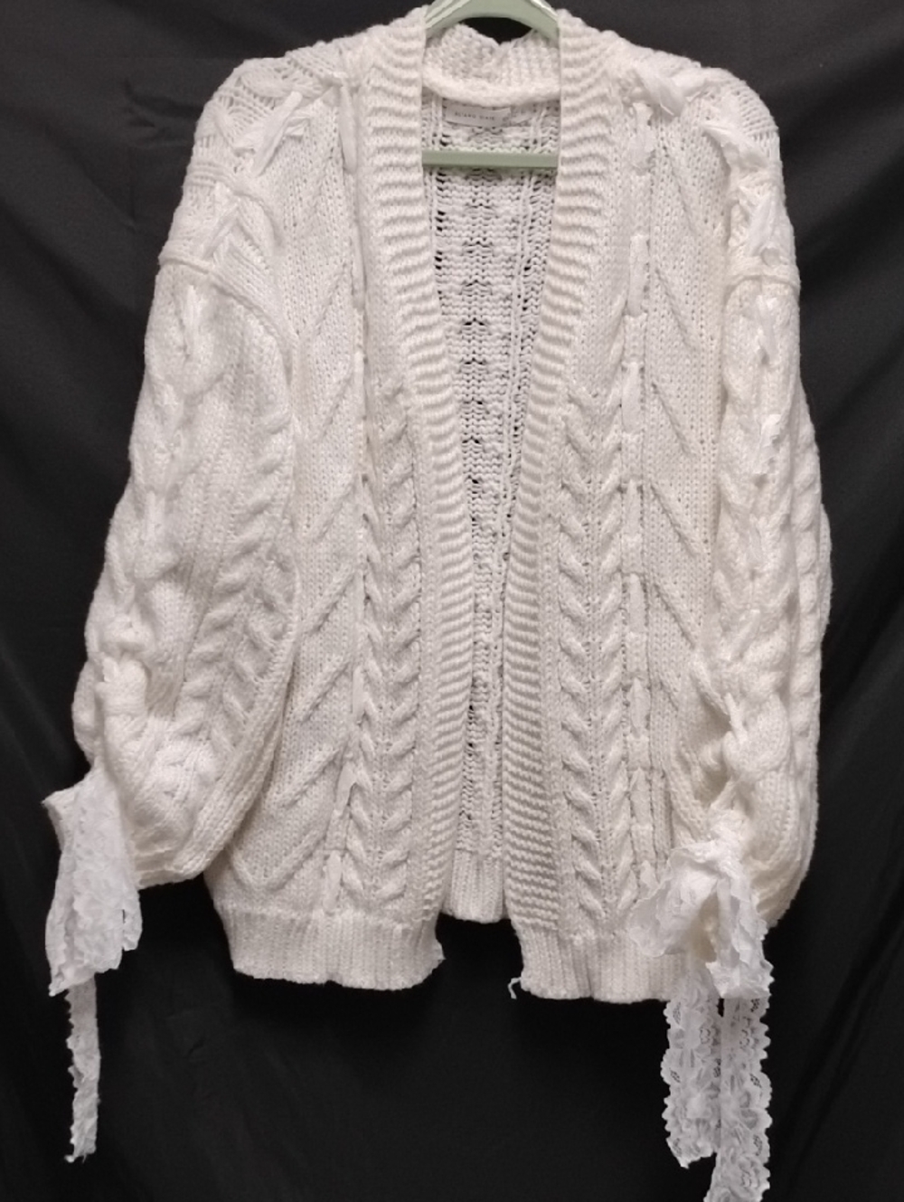Altar'd State White Cable Knit Lace-Trim Open Cardigan